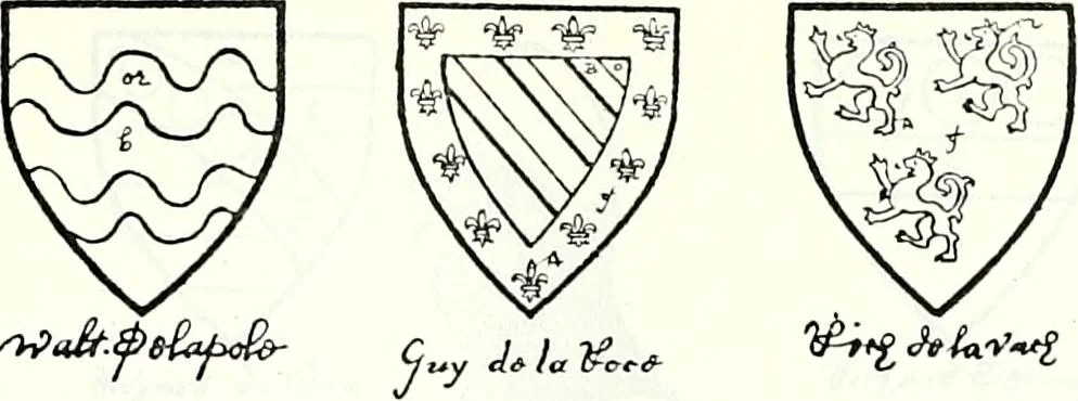 An illustration from Some feudal coats of arms and others, illustrated with 2,000 zinco etchings from the Bayear tapestry, Greek vases, seals, tiles, effigies, brasses and heralcic rolls. Some chart pedigrees, 1902, leaf 216