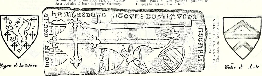 An illustration from Some feudal coats of arms and others, illustrated with 2,000 zinco etchings from the Bayear tapestry, Greek vases, seals, tiles, effigies, brasses and heralcic rolls. Some chart pedigrees, 1902, leaf 216