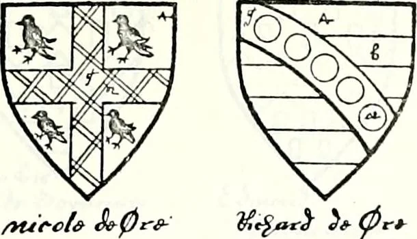 An illustration from Some feudal coats of arms and others, illustrated with 2,000 zinco etchings from the Bayear tapestry, Greek vases, seals, tiles, effigies, brasses and heralcic rolls. Some chart pedigrees, 1902, leaf 218