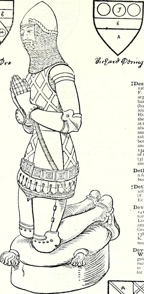 An illustration from Some feudal coats of arms and others, illustrated with 2,000 zinco etchings from the Bayear tapestry, Greek vases, seals, tiles, effigies, brasses and heralcic rolls. Some chart pedigrees, 1902, leaf 218