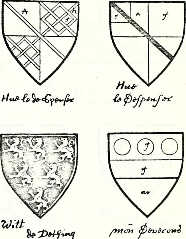 An illustration from Some feudal coats of arms and others, illustrated with 2,000 zinco etchings from the Bayear tapestry, Greek vases, seals, tiles, effigies, brasses and heralcic rolls. Some chart pedigrees, 1902, leaf 218