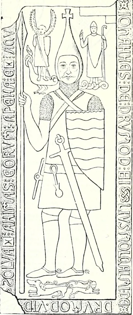 An illustration from Some feudal coats of arms and others, illustrated with 2,000 zinco etchings from the Bayear tapestry, Greek vases, seals, tiles, effigies, brasses and heralcic rolls. Some chart pedigrees, 1902, leaf 222