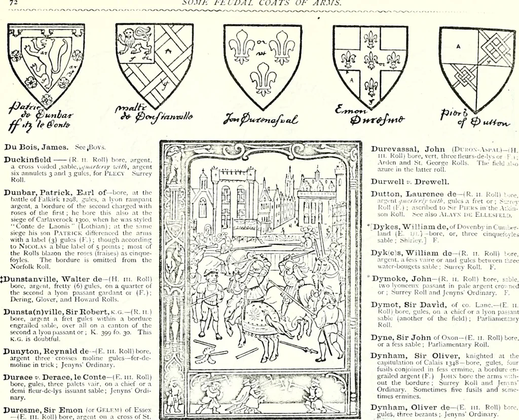 An illustration from Some feudal coats of arms and others, illustrated with 2,000 zinco etchings from the Bayear tapestry, Greek vases, seals, tiles, effigies, brasses and heralcic rolls. Some chart pedigrees, 1902, leaf 224