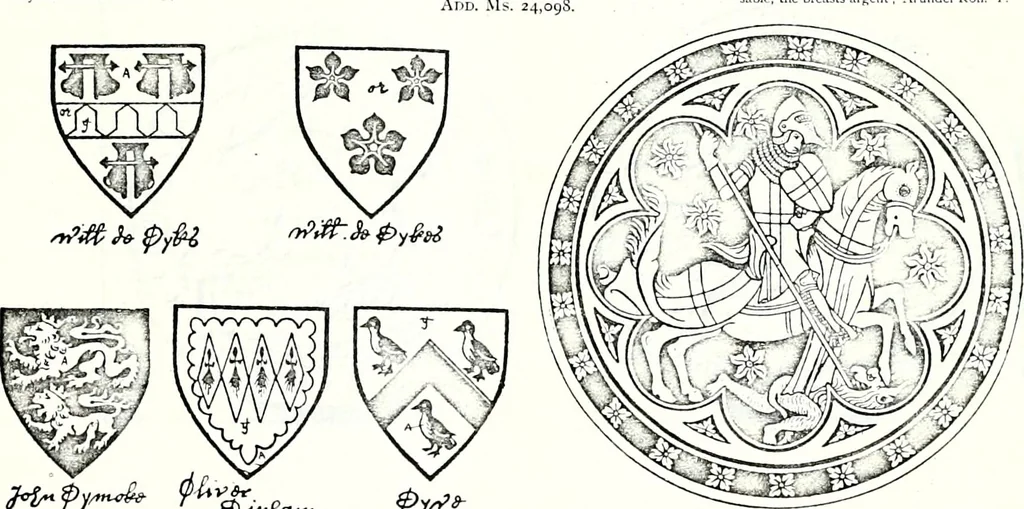An illustration from Some feudal coats of arms and others, illustrated with 2,000 zinco etchings from the Bayear tapestry, Greek vases, seals, tiles, effigies, brasses and heralcic rolls. Some chart pedigrees, 1902, leaf 224
