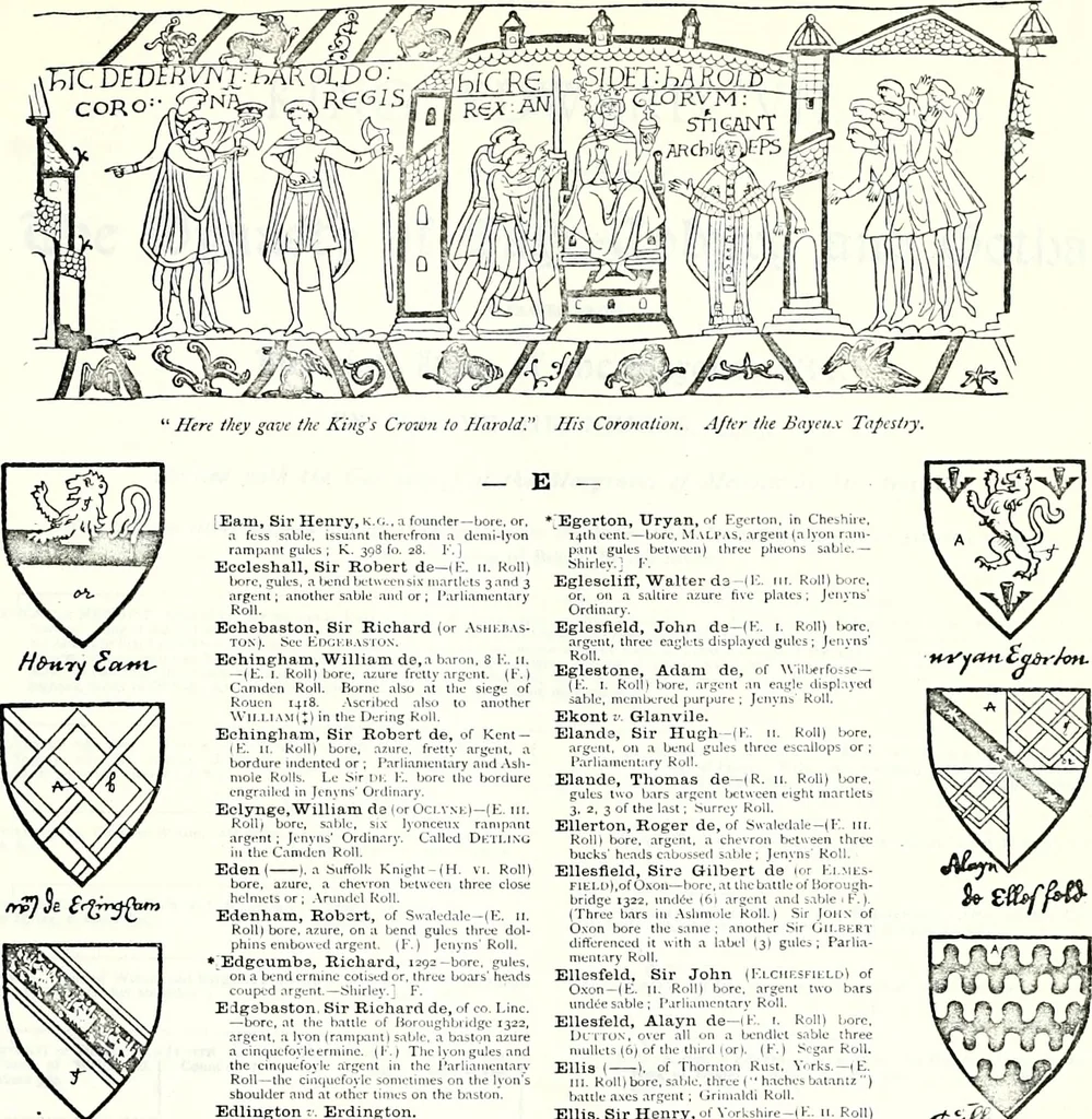 An illustration from Some feudal coats of arms and others, illustrated with 2,000 zinco etchings from the Bayear tapestry, Greek vases, seals, tiles, effigies, brasses and heralcic rolls. Some chart pedigrees, 1902, leaf 228