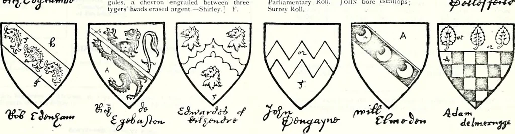 An illustration from Some feudal coats of arms and others, illustrated with 2,000 zinco etchings from the Bayear tapestry, Greek vases, seals, tiles, effigies, brasses and heralcic rolls. Some chart pedigrees, 1902, leaf 228