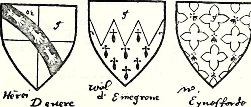 An illustration from Some feudal coats of arms and others, illustrated with 2,000 zinco etchings from the Bayear tapestry, Greek vases, seals, tiles, effigies, brasses and heralcic rolls. Some chart pedigrees, 1902, leaf 240