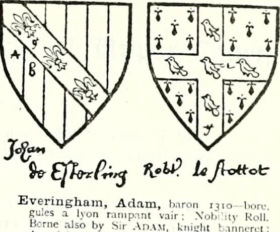 An illustration from Some feudal coats of arms and others, illustrated with 2,000 zinco etchings from the Bayear tapestry, Greek vases, seals, tiles, effigies, brasses and heralcic rolls. Some chart pedigrees, 1902, leaf 240