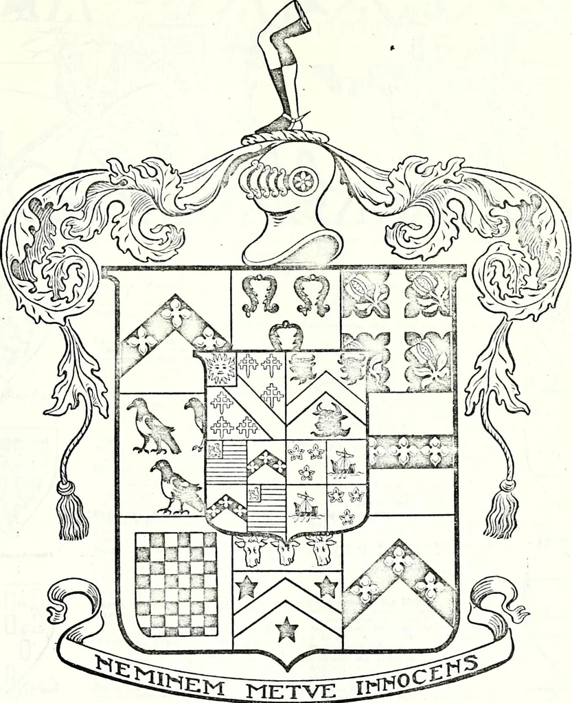 An illustration from Some feudal coats of arms and others, illustrated with 2,000 zinco etchings from the Bayear tapestry, Greek vases, seals, tiles, effigies, brasses and heralcic rolls. Some chart pedigrees, 1902, leaf 246