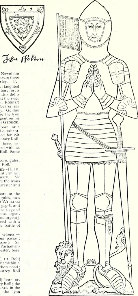 An illustration from Some feudal coats of arms and others, illustrated with 2,000 zinco etchings from the Bayear tapestry, Greek vases, seals, tiles, effigies, brasses and heralcic rolls. Some chart pedigrees, 1902, leaf 250