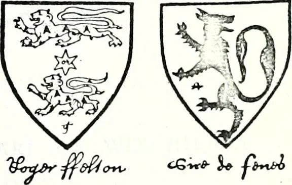 An illustration from Some feudal coats of arms and others, illustrated with 2,000 zinco etchings from the Bayear tapestry, Greek vases, seals, tiles, effigies, brasses and heralcic rolls. Some chart pedigrees, 1902, leaf 250