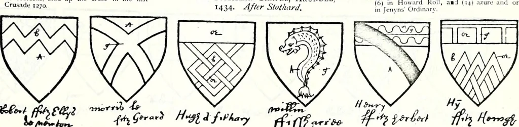 An illustration from Some feudal coats of arms and others, illustrated with 2,000 zinco etchings from the Bayear tapestry, Greek vases, seals, tiles, effigies, brasses and heralcic rolls. Some chart pedigrees, 1902, leaf 256