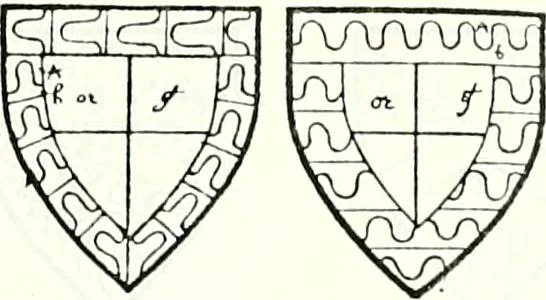An illustration from Some feudal coats of arms and others, illustrated with 2,000 zinco etchings from the Bayear tapestry, Greek vases, seals, tiles, effigies, brasses and heralcic rolls. Some chart pedigrees, 1902, leaf 258