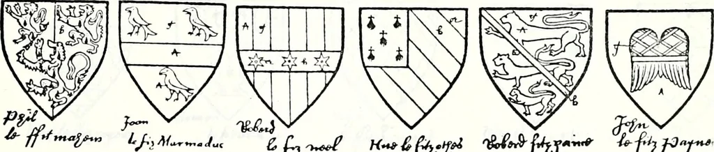 An illustration from Some feudal coats of arms and others, illustrated with 2,000 zinco etchings from the Bayear tapestry, Greek vases, seals, tiles, effigies, brasses and heralcic rolls. Some chart pedigrees, 1902, leaf 258