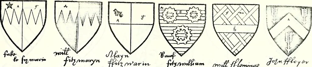 An illustration from Some feudal coats of arms and others, illustrated with 2,000 zinco etchings from the Bayear tapestry, Greek vases, seals, tiles, effigies, brasses and heralcic rolls. Some chart pedigrees, 1902, leaf 262