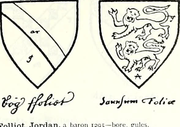 An illustration from Some feudal coats of arms and others, illustrated with 2,000 zinco etchings from the Bayear tapestry, Greek vases, seals, tiles, effigies, brasses and heralcic rolls. Some chart pedigrees, 1902, leaf 264