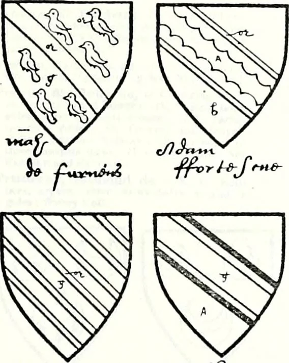 An illustration from Some feudal coats of arms and others, illustrated with 2,000 zinco etchings from the Bayear tapestry, Greek vases, seals, tiles, effigies, brasses and heralcic rolls. Some chart pedigrees, 1902, leaf 264