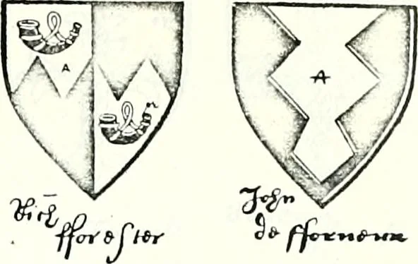 An illustration from Some feudal coats of arms and others, illustrated with 2,000 zinco etchings from the Bayear tapestry, Greek vases, seals, tiles, effigies, brasses and heralcic rolls. Some chart pedigrees, 1902, leaf 264