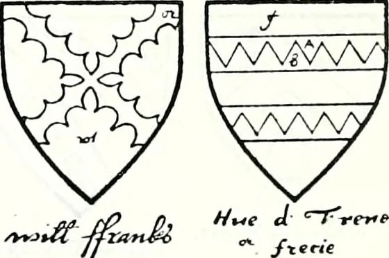 An illustration from Some feudal coats of arms and others, illustrated with 2,000 zinco etchings from the Bayear tapestry, Greek vases, seals, tiles, effigies, brasses and heralcic rolls. Some chart pedigrees, 1902, leaf 264
