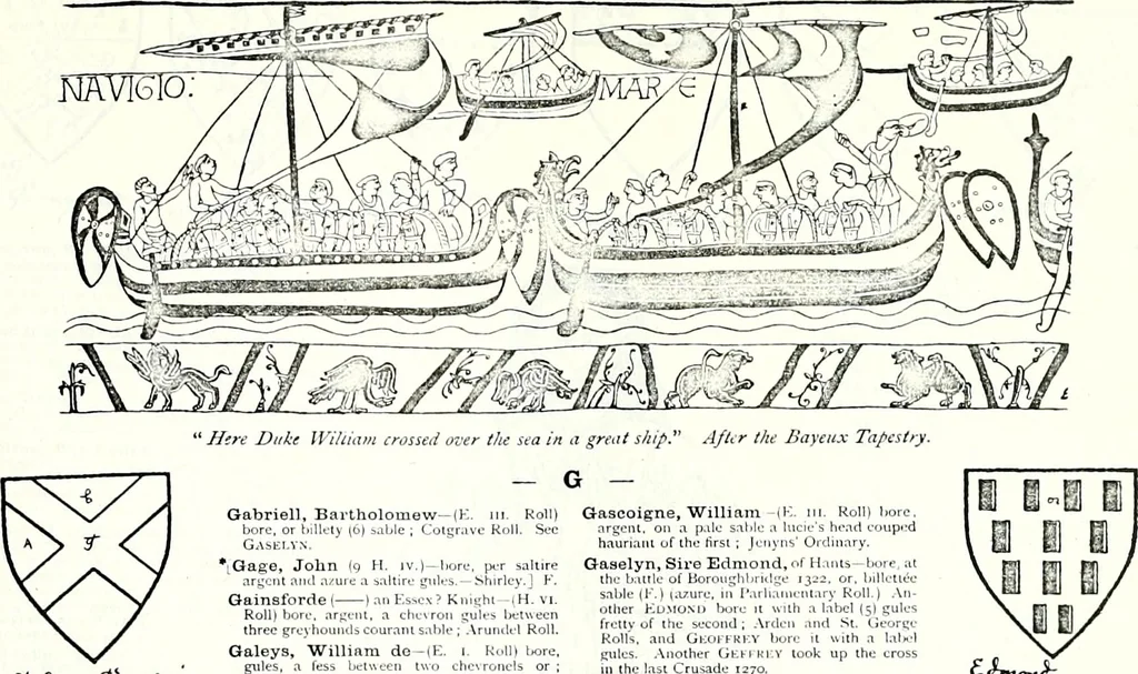 An illustration from Some feudal coats of arms and others, illustrated with 2,000 zinco etchings from the Bayear tapestry, Greek vases, seals, tiles, effigies, brasses and heralcic rolls. Some chart pedigrees, 1902, leaf 268