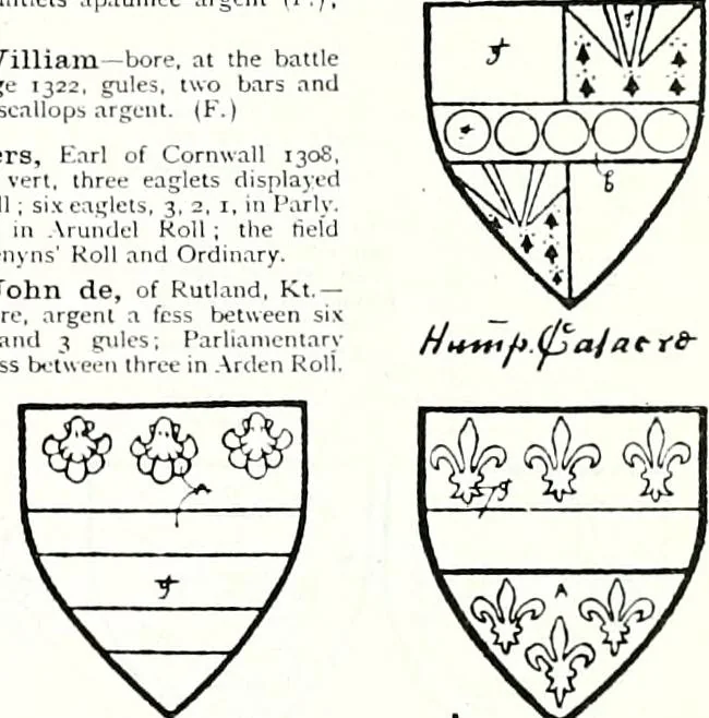 An illustration from Some feudal coats of arms and others, illustrated with 2,000 zinco etchings from the Bayear tapestry, Greek vases, seals, tiles, effigies, brasses and heralcic rolls. Some chart pedigrees, 1902, leaf 268