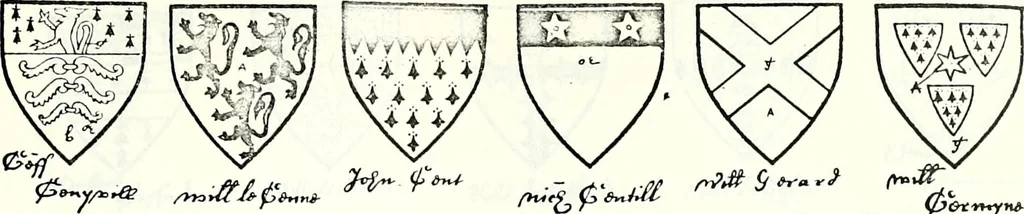 An illustration from Some feudal coats of arms and others, illustrated with 2,000 zinco etchings from the Bayear tapestry, Greek vases, seals, tiles, effigies, brasses and heralcic rolls. Some chart pedigrees, 1902, leaf 270