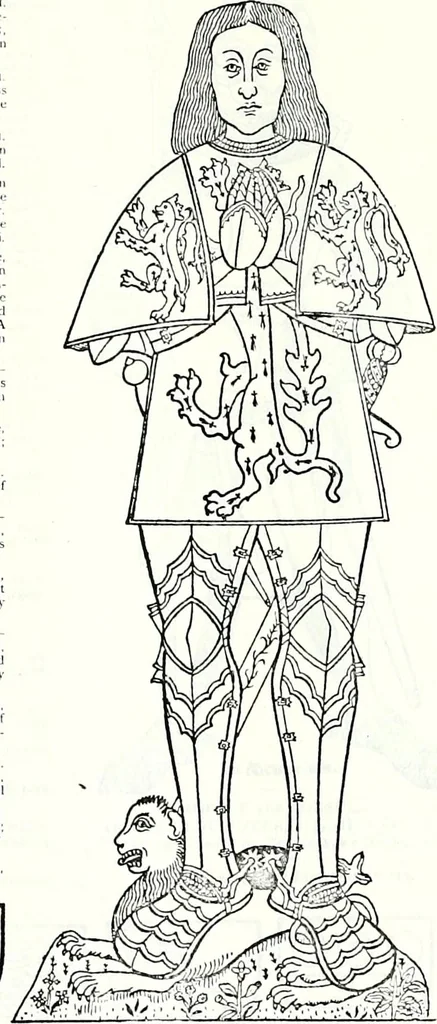 An illustration from Some feudal coats of arms and others, illustrated with 2,000 zinco etchings from the Bayear tapestry, Greek vases, seals, tiles, effigies, brasses and heralcic rolls. Some chart pedigrees, 1902, leaf 270