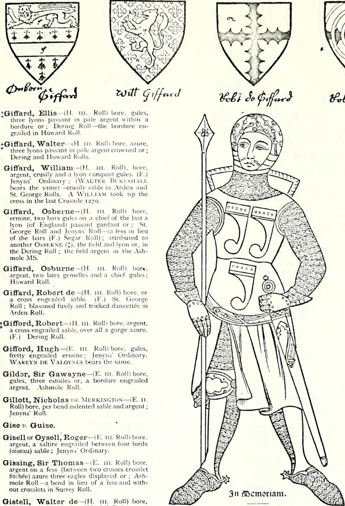 An illustration from Some feudal coats of arms and others, illustrated with 2,000 zinco etchings from the Bayear tapestry, Greek vases, seals, tiles, effigies, brasses and heralcic rolls. Some chart pedigrees, 1902, leaf 272