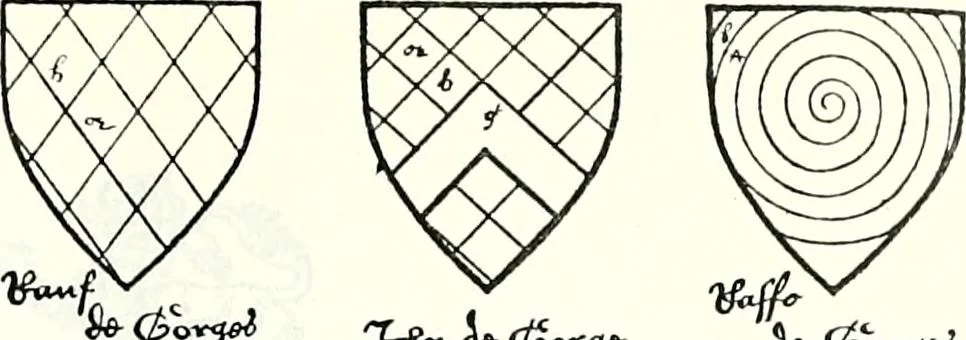An illustration from Some feudal coats of arms and others, illustrated with 2,000 zinco etchings from the Bayear tapestry, Greek vases, seals, tiles, effigies, brasses and heralcic rolls. Some chart pedigrees, 1902, leaf 274