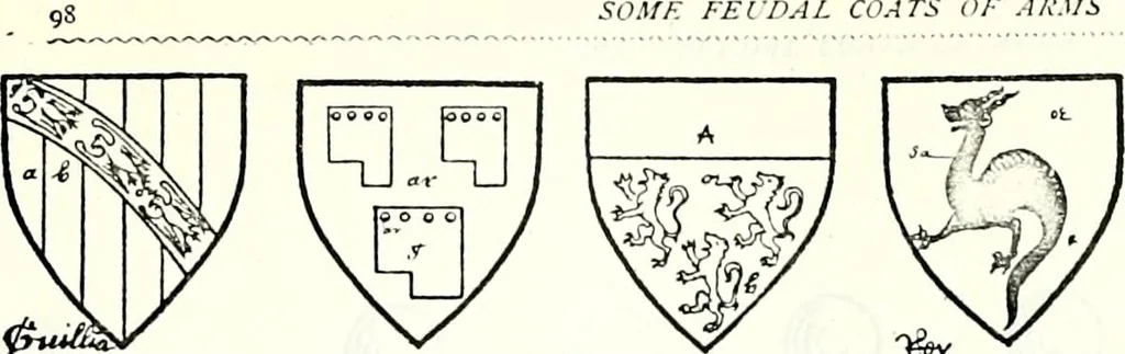 An illustration from Some feudal coats of arms and others, illustrated with 2,000 zinco etchings from the Bayear tapestry, Greek vases, seals, tiles, effigies, brasses and heralcic rolls. Some chart pedigrees, 1902, leaf 278