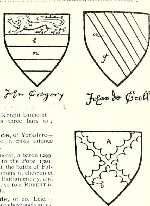 An illustration from Some feudal coats of arms and others, illustrated with 2,000 zinco etchings from the Bayear tapestry, Greek vases, seals, tiles, effigies, brasses and heralcic rolls. Some chart pedigrees, 1902, leaf 278