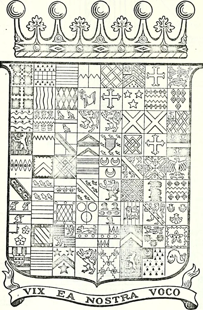 An illustration from Some feudal coats of arms and others, illustrated with 2,000 zinco etchings from the Bayear tapestry, Greek vases, seals, tiles, effigies, brasses and heralcic rolls. Some chart pedigrees, 1902, leaf 280