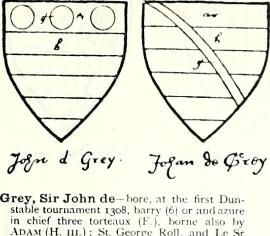 An illustration from Some feudal coats of arms and others, illustrated with 2,000 zinco etchings from the Bayear tapestry, Greek vases, seals, tiles, effigies, brasses and heralcic rolls. Some chart pedigrees, 1902, leaf 282