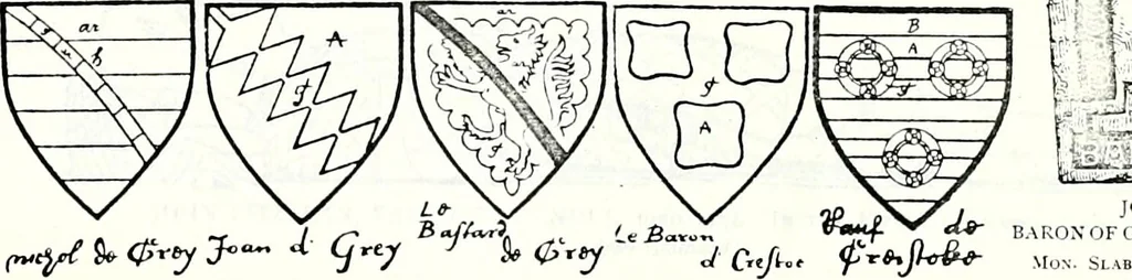 An illustration from Some feudal coats of arms and others, illustrated with 2,000 zinco etchings from the Bayear tapestry, Greek vases, seals, tiles, effigies, brasses and heralcic rolls. Some chart pedigrees, 1902, leaf 282