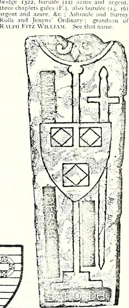An illustration from Some feudal coats of arms and others, illustrated with 2,000 zinco etchings from the Bayear tapestry, Greek vases, seals, tiles, effigies, brasses and heralcic rolls. Some chart pedigrees, 1902, leaf 282