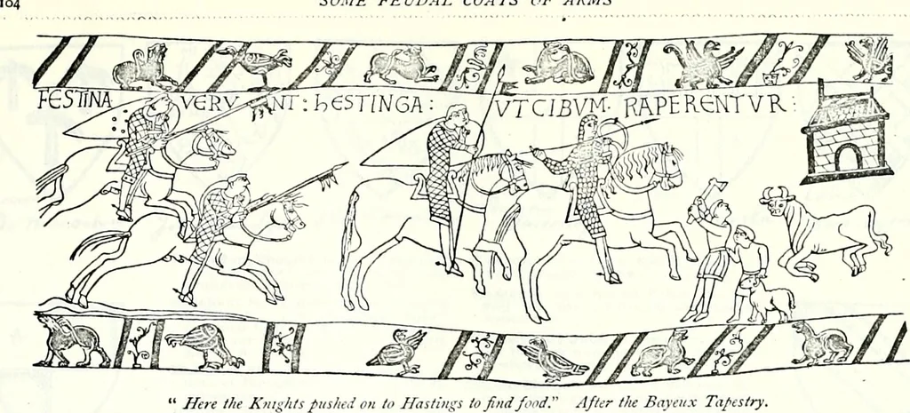 An illustration from Some feudal coats of arms and others, illustrated with 2,000 zinco etchings from the Bayear tapestry, Greek vases, seals, tiles, effigies, brasses and heralcic rolls. Some chart pedigrees, 1902, leaf 290
