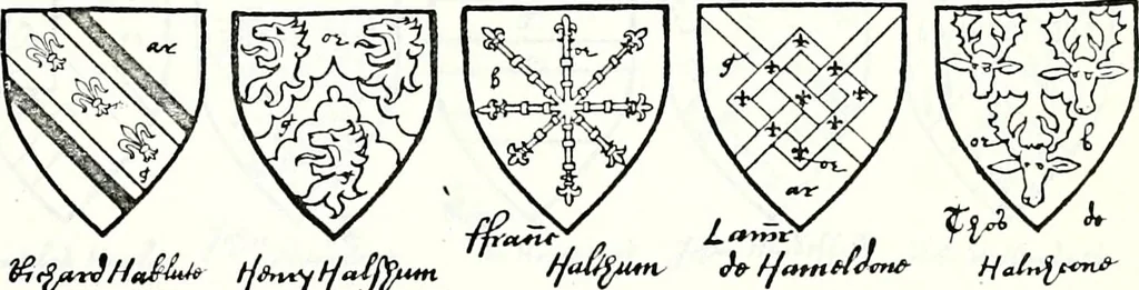 An illustration from Some feudal coats of arms and others, illustrated with 2,000 zinco etchings from the Bayear tapestry, Greek vases, seals, tiles, effigies, brasses and heralcic rolls. Some chart pedigrees, 1902, leaf 290