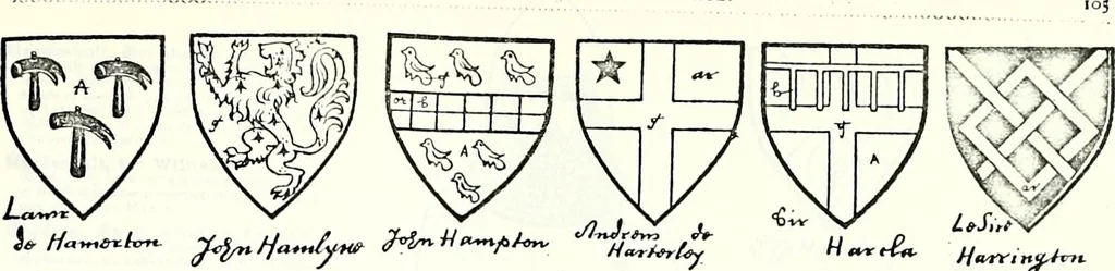 An illustration from Some feudal coats of arms and others, illustrated with 2,000 zinco etchings from the Bayear tapestry, Greek vases, seals, tiles, effigies, brasses and heralcic rolls. Some chart pedigrees, 1902, leaf 292