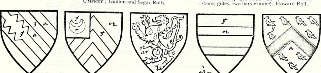 An illustration from Some feudal coats of arms and others, illustrated with 2,000 zinco etchings from the Bayear tapestry, Greek vases, seals, tiles, effigies, brasses and heralcic rolls. Some chart pedigrees, 1902, leaf 292