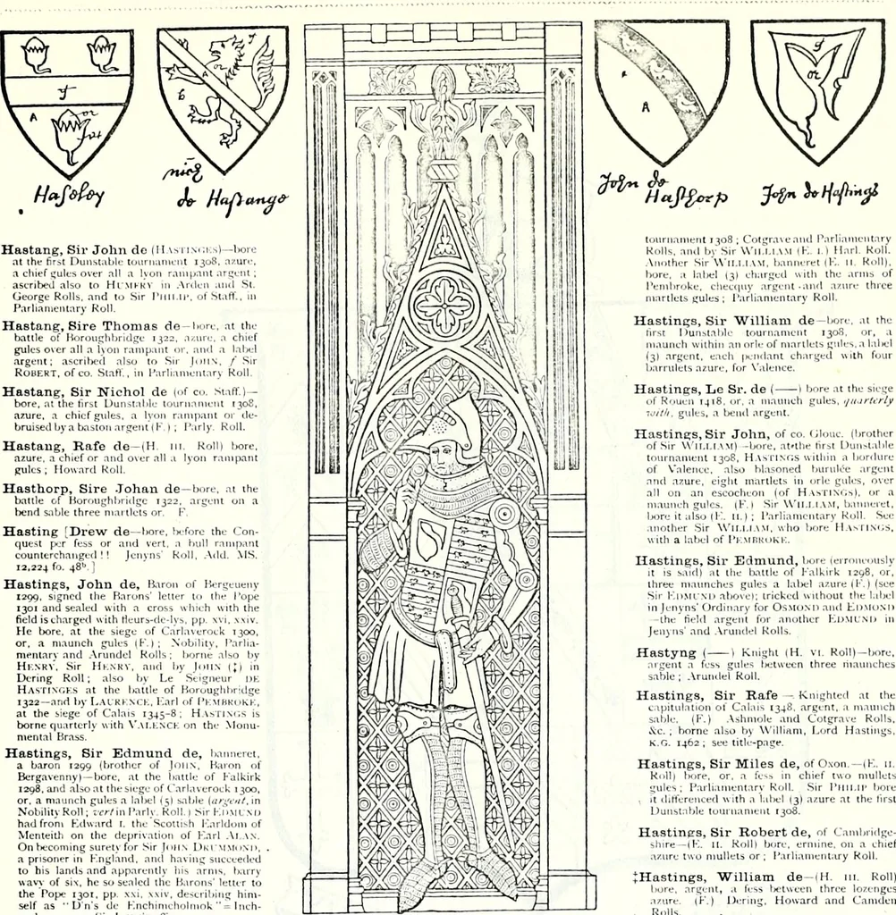 An illustration from Some feudal coats of arms and others, illustrated with 2,000 zinco etchings from the Bayear tapestry, Greek vases, seals, tiles, effigies, brasses and heralcic rolls. Some chart pedigrees, 1902, leaf 296