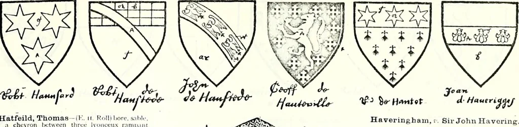 An illustration from Some feudal coats of arms and others, illustrated with 2,000 zinco etchings from the Bayear tapestry, Greek vases, seals, tiles, effigies, brasses and heralcic rolls. Some chart pedigrees, 1902, leaf 304