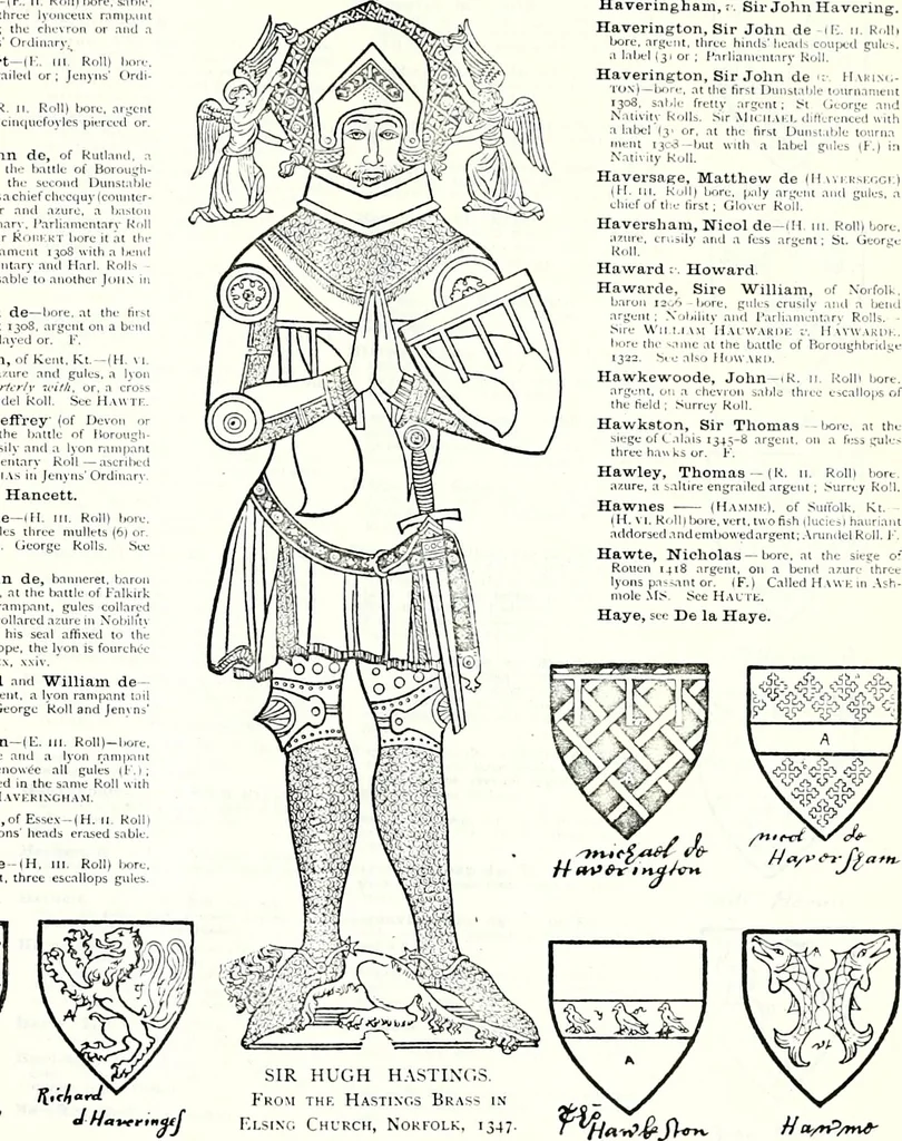 An illustration from Some feudal coats of arms and others, illustrated with 2,000 zinco etchings from the Bayear tapestry, Greek vases, seals, tiles, effigies, brasses and heralcic rolls. Some chart pedigrees, 1902, leaf 304