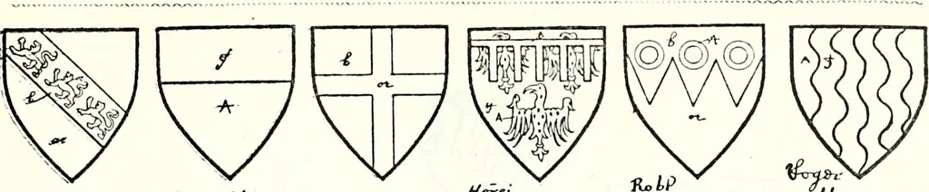 An illustration from Some feudal coats of arms and others, illustrated with 2,000 zinco etchings from the Bayear tapestry, Greek vases, seals, tiles, effigies, brasses and heralcic rolls. Some chart pedigrees, 1902, leaf 306