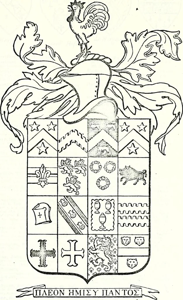 An illustration from Some feudal coats of arms and others, illustrated with 2,000 zinco etchings from the Bayear tapestry, Greek vases, seals, tiles, effigies, brasses and heralcic rolls. Some chart pedigrees, 1902, leaf 308