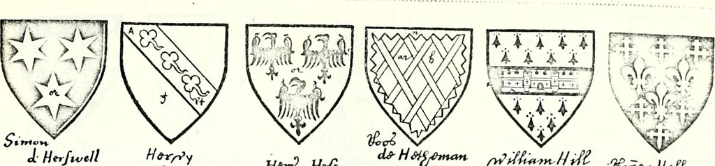 An illustration from Some feudal coats of arms and others, illustrated with 2,000 zinco etchings from the Bayear tapestry, Greek vases, seals, tiles, effigies, brasses and heralcic rolls. Some chart pedigrees, 1902, leaf 310