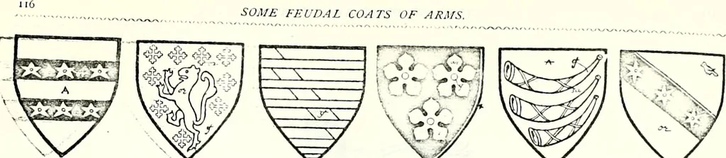 An illustration from Some feudal coats of arms and others, illustrated with 2,000 zinco etchings from the Bayear tapestry, Greek vases, seals, tiles, effigies, brasses and heralcic rolls. Some chart pedigrees, 1902, leaf 318
