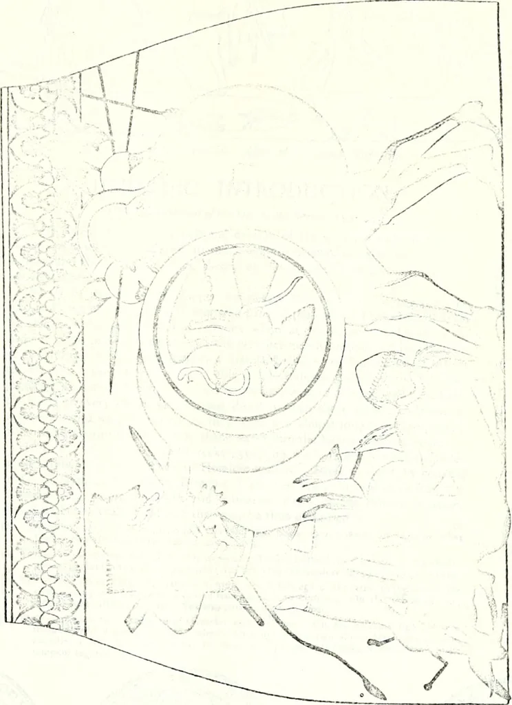 An illustration from Some feudal coats of arms and others, illustrated with 2,000 zinco etchings from the Bayear tapestry, Greek vases, seals, tiles, effigies, brasses and heralcic rolls. Some chart pedigrees, 1902, leaf 32