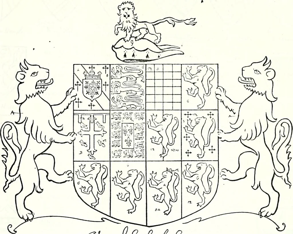 An illustration from Some feudal coats of arms and others, illustrated with 2,000 zinco etchings from the Bayear tapestry, Greek vases, seals, tiles, effigies, brasses and heralcic rolls. Some chart pedigrees, 1902, leaf 320
