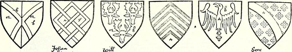 An illustration from Some feudal coats of arms and others, illustrated with 2,000 zinco etchings from the Bayear tapestry, Greek vases, seals, tiles, effigies, brasses and heralcic rolls. Some chart pedigrees, 1902, leaf 322