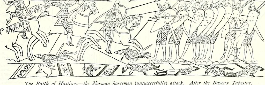 An illustration from Some feudal coats of arms and others, illustrated with 2,000 zinco etchings from the Bayear tapestry, Greek vases, seals, tiles, effigies, brasses and heralcic rolls. Some chart pedigrees, 1902, leaf 332